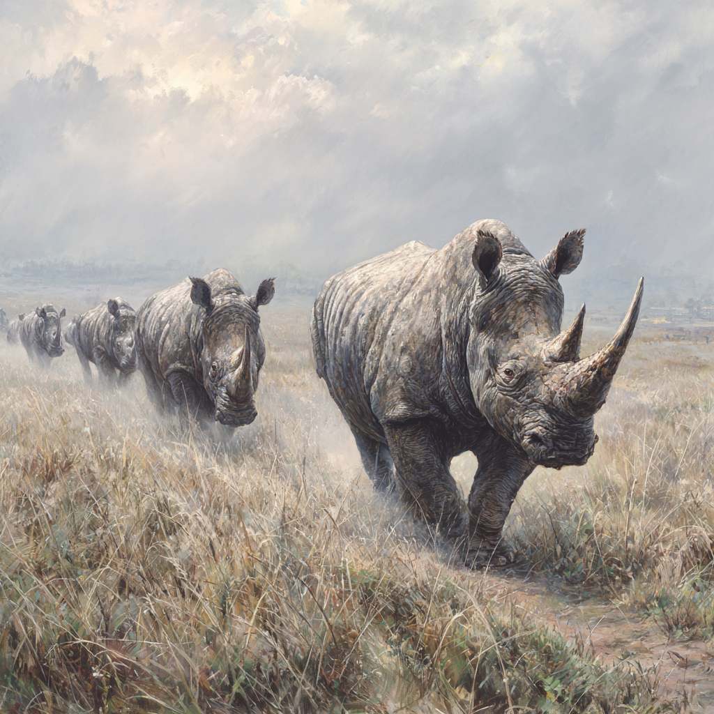 Gruppe Von Rhinoceros Auf Grünsland Mit Wolken Himmel | Safari und Wildtiere | Tiere