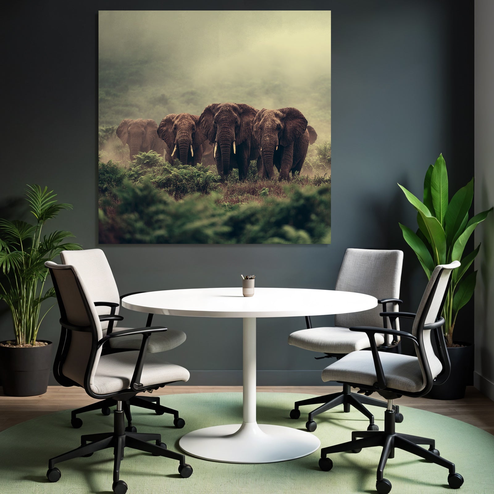 Herde Elefant Im Nebligen Angeln Mit Grünen Hintergrund