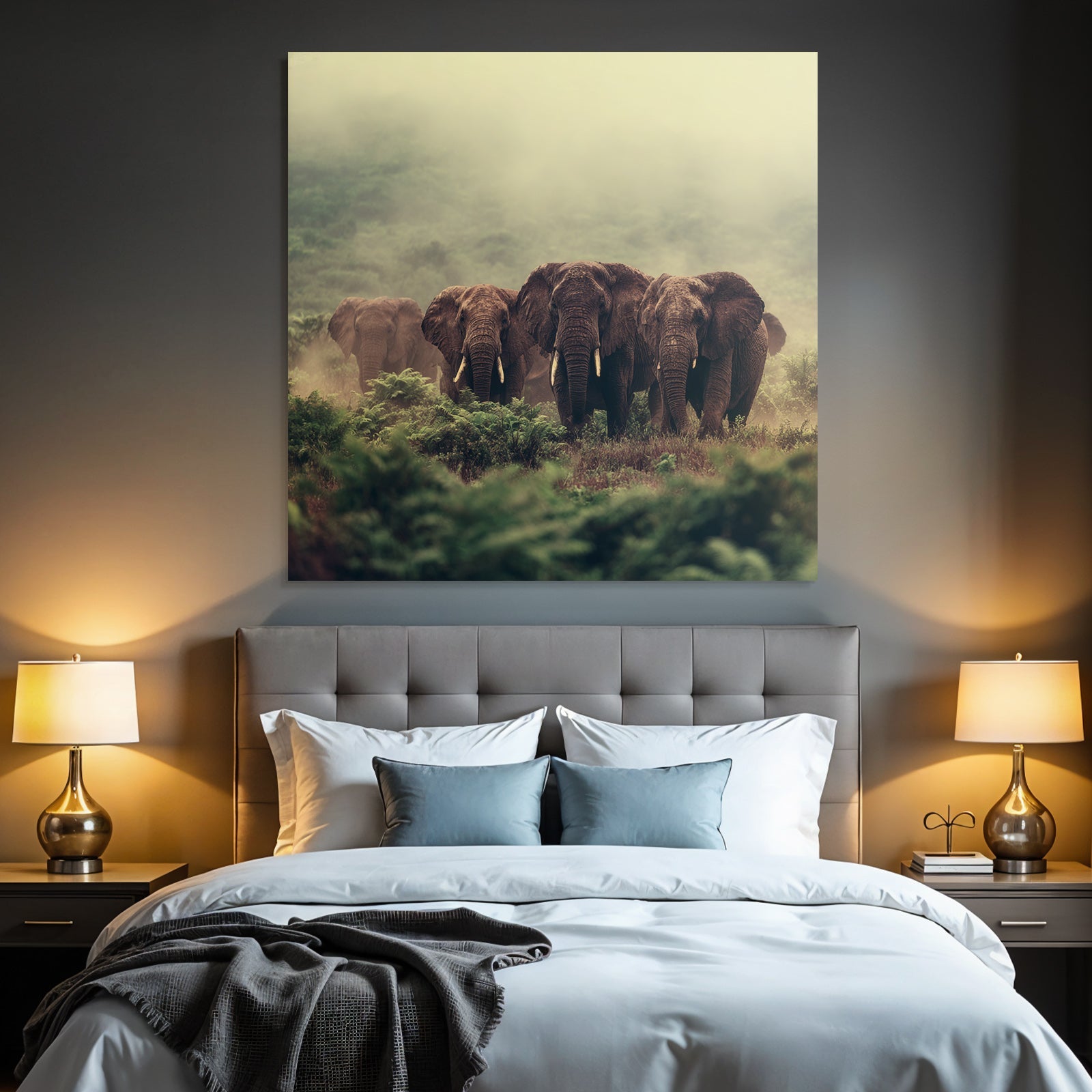 Herde Elefant Im Nebligen Angeln Mit Grünen Hintergrund