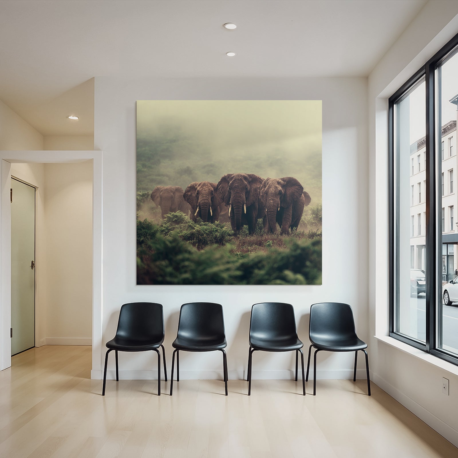 Herde Elefant Im Nebligen Angeln Mit Grünen Hintergrund