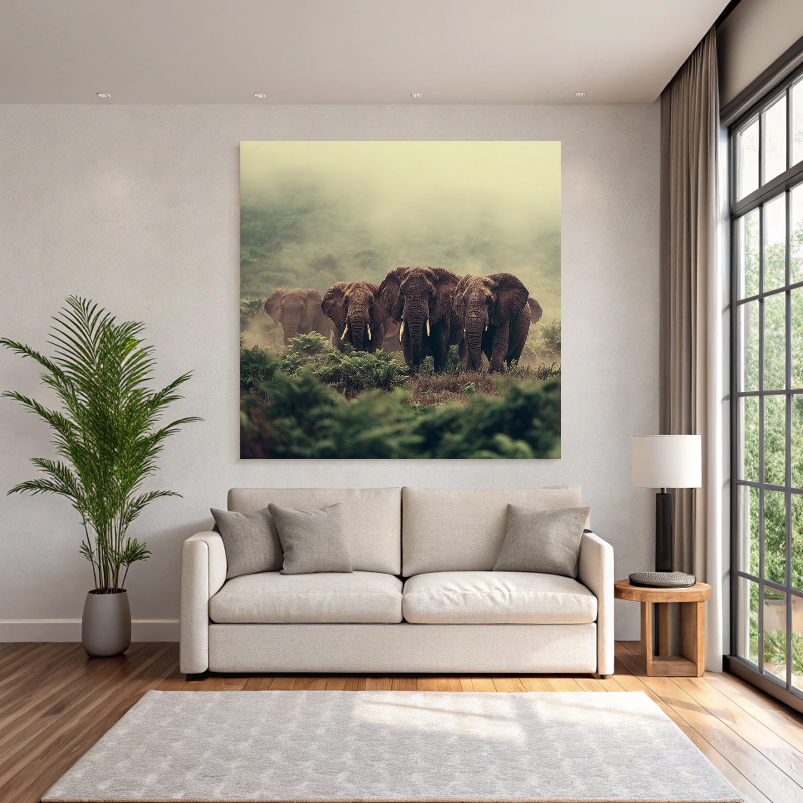 Herde Elefant Im Nebligen Angeln Mit Grünen Hintergrund
