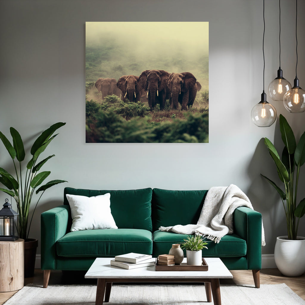 Herde Elefant Im Nebligen Angeln Mit Grünen Hintergrund