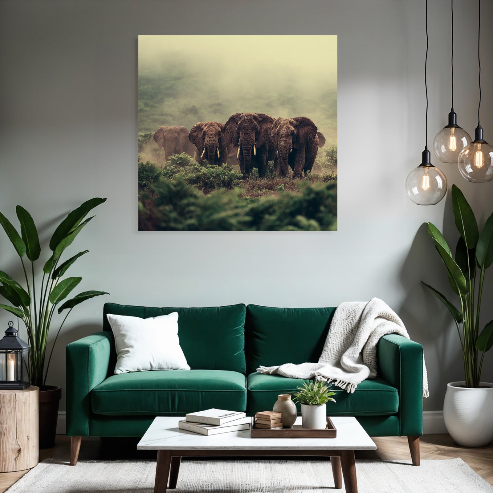 Herde Elefant Im Nebligen Angeln Mit Grünen Hintergrund