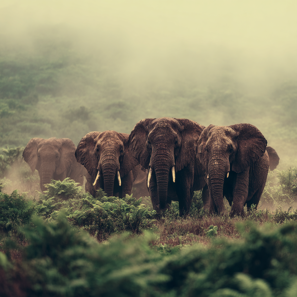Herde Elefant Im Nebligen Angeln Mit Grünen Hintergrund | Safari und Wildtiere | Tiere