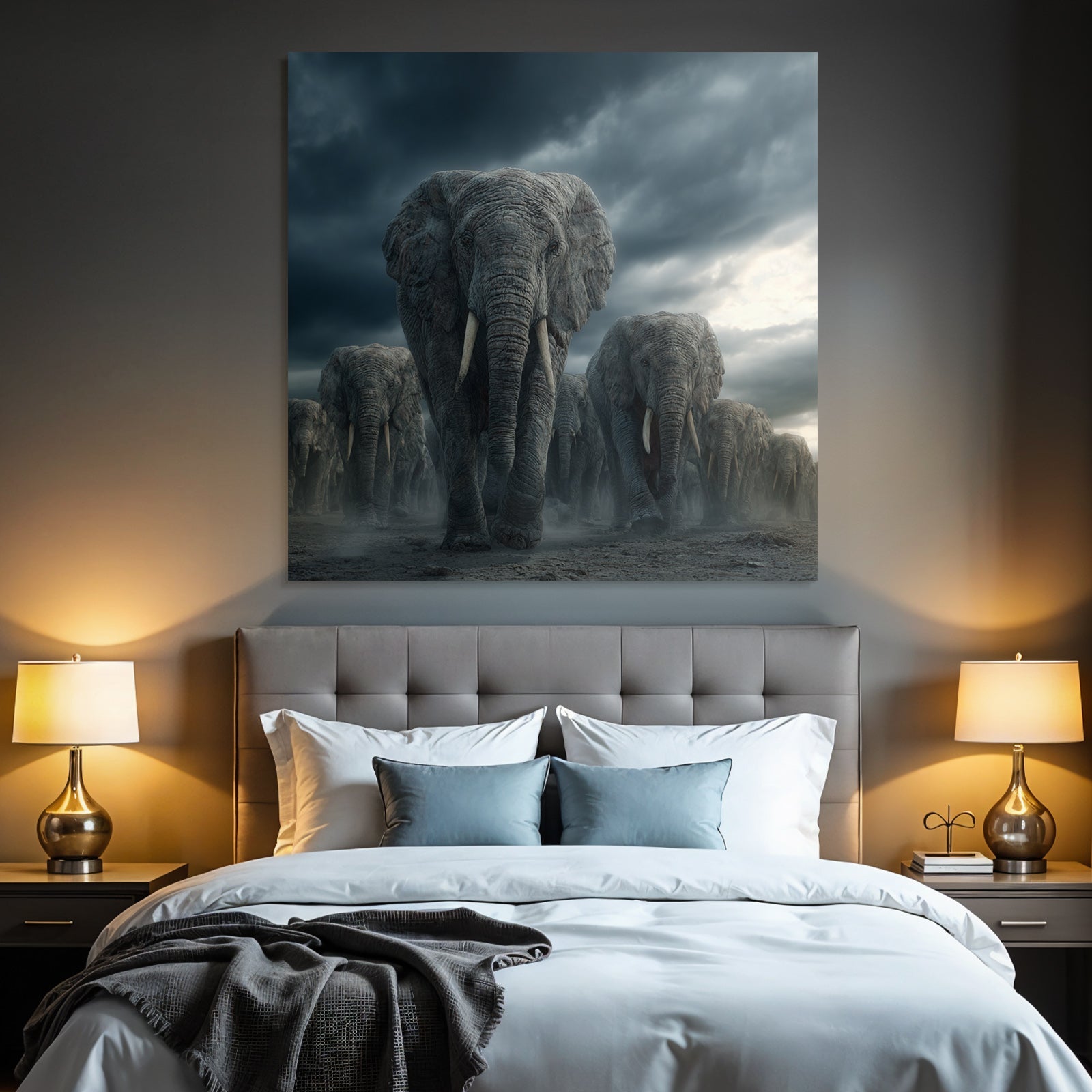 Herde Elephants Im Sturm Drama Landschaft