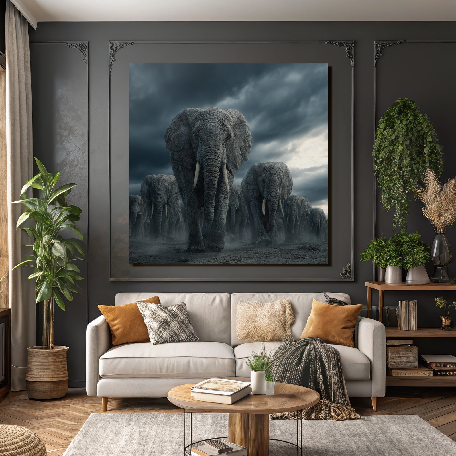 Herde Elephants Im Sturm Drama Landschaft