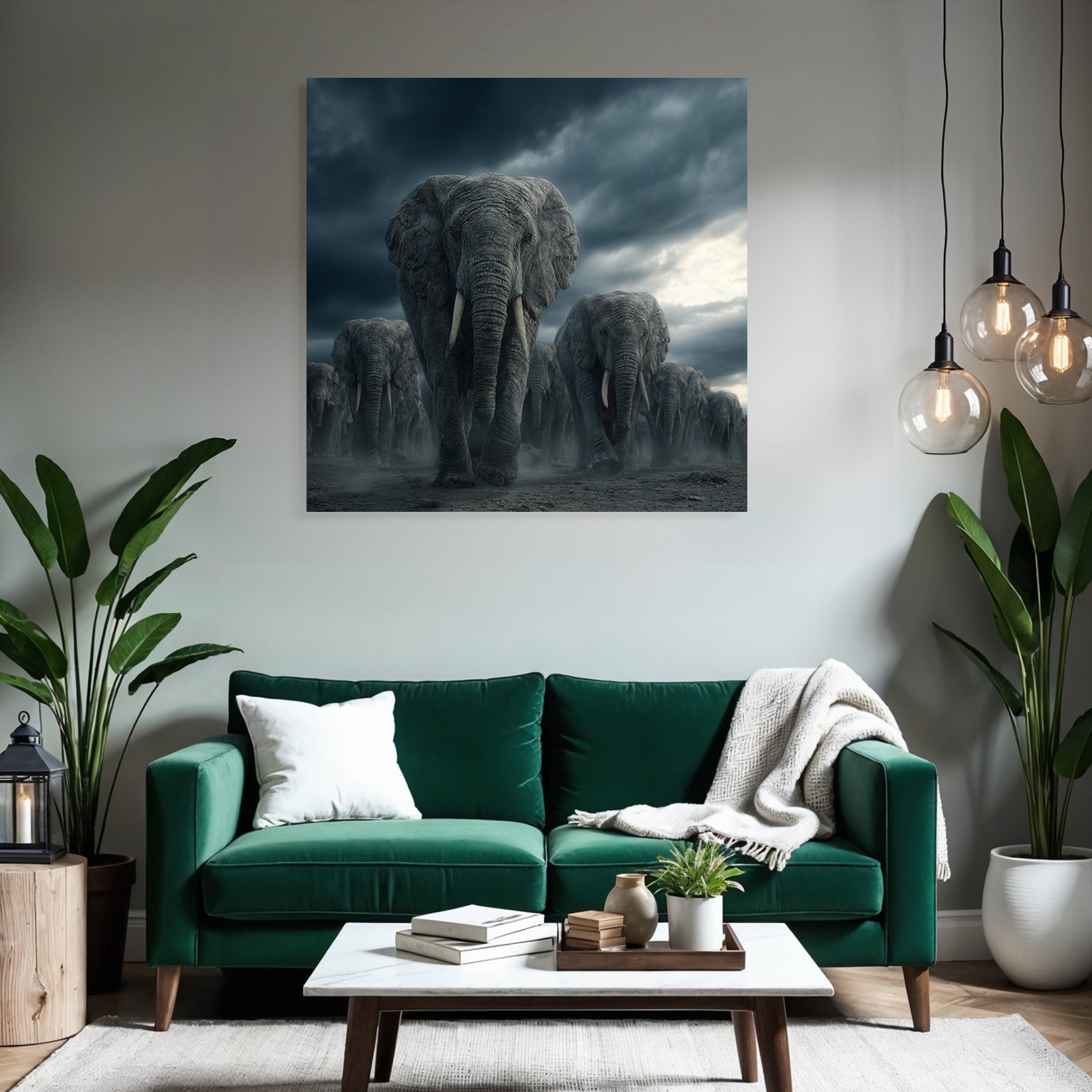 Herde Elephants Im Sturm Drama Landschaft