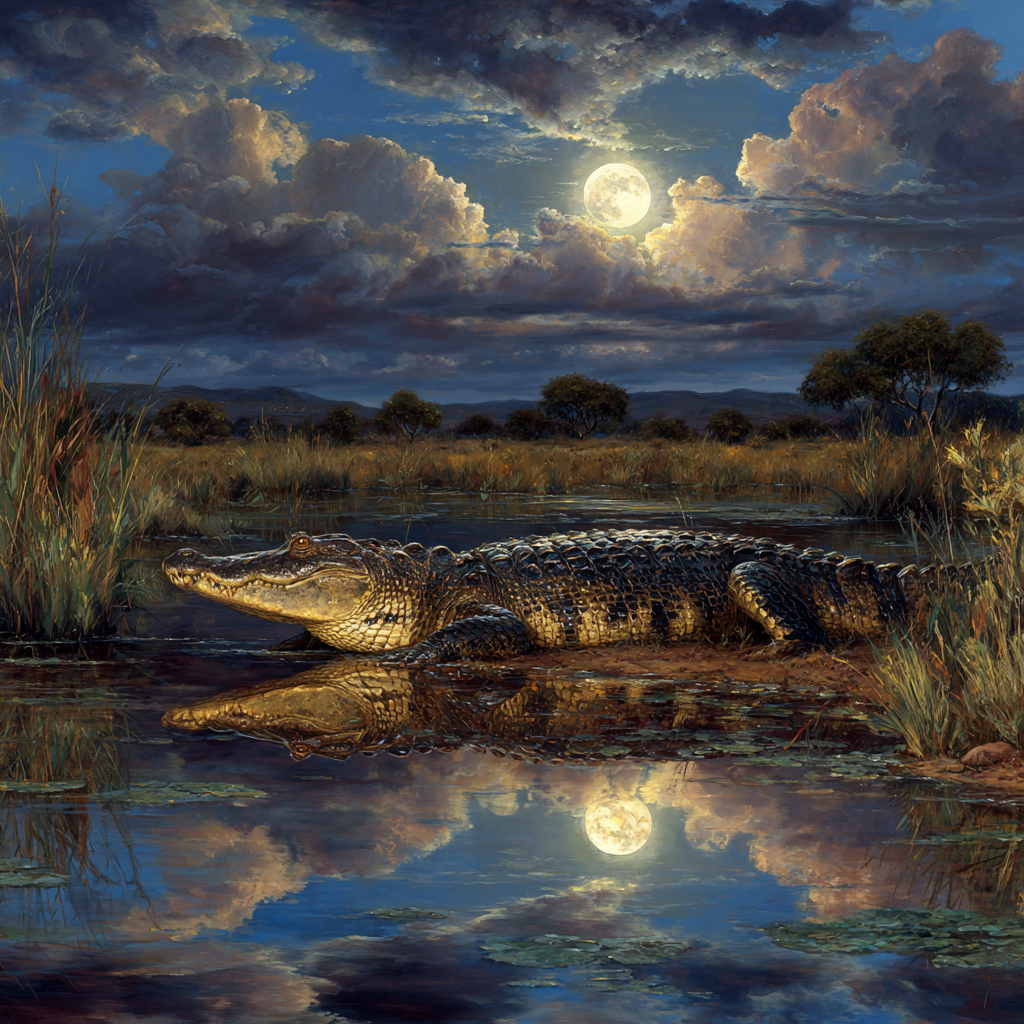 Krokodil Am Wasser Mondschein Reflexionen In Der Natur | Safari und Wildtiere | Tiere