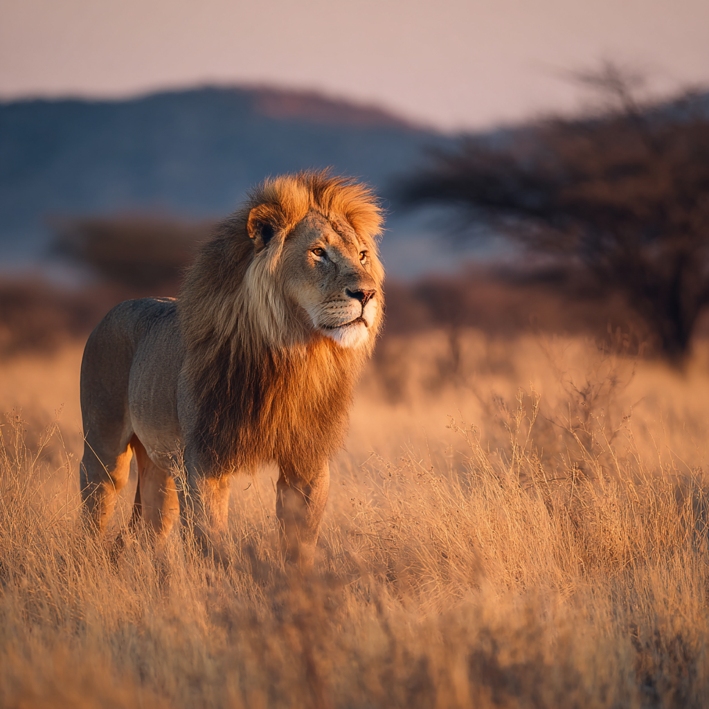 Lion Im Graslandschaft Bei Sonnenuntergang Sonnenaufgang | Safari und Wildtiere | Tiere