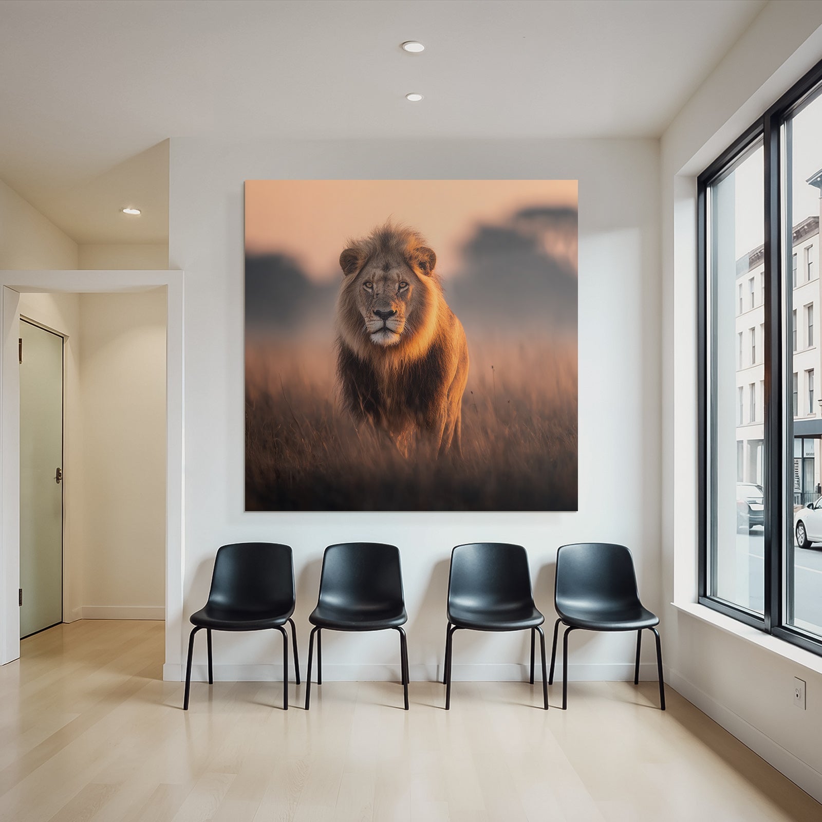 Lion Im Licht Der Sonnenaufgangs Im Grünen Gebiet