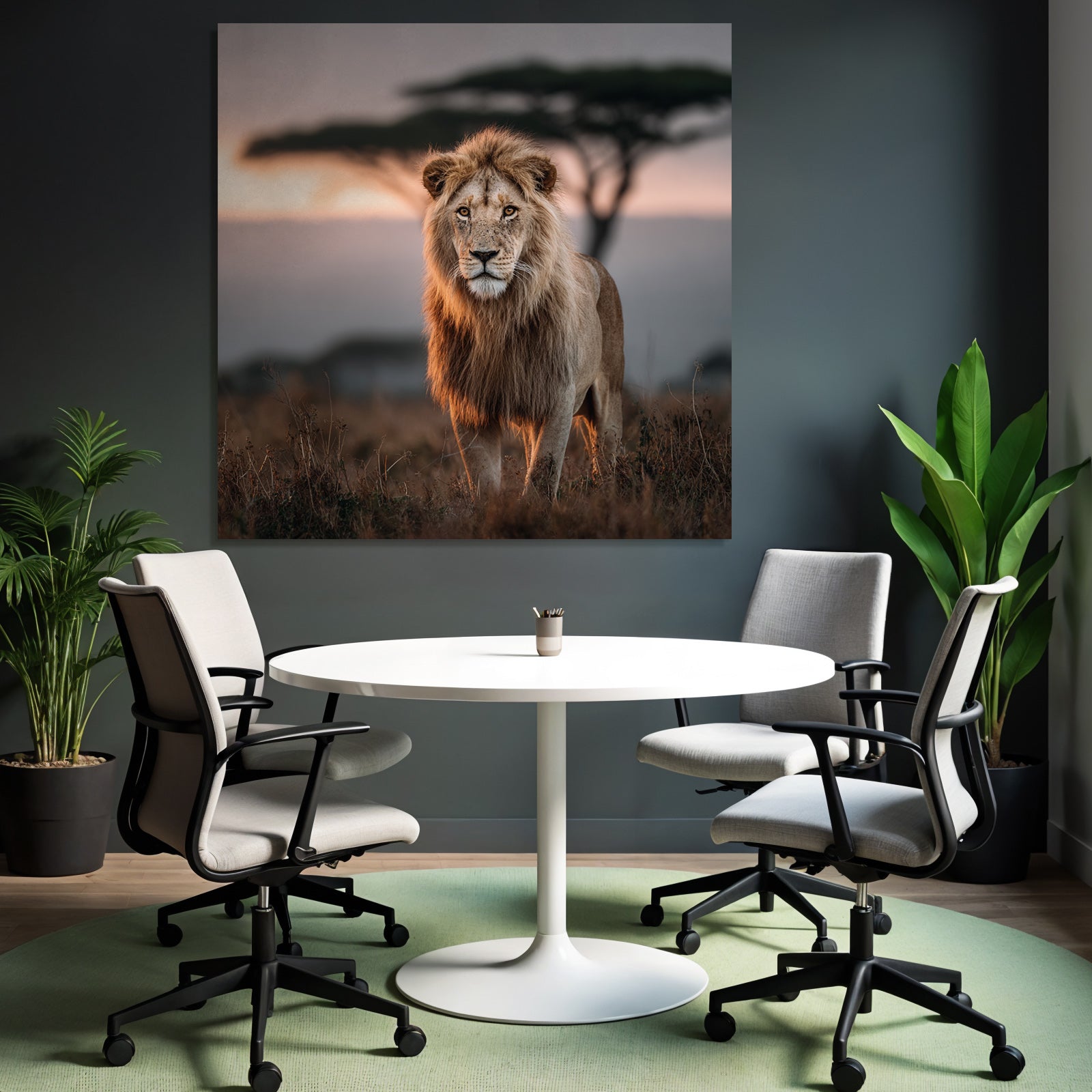Lion In Grassy Area With Blurred Background Impressionist Sunset