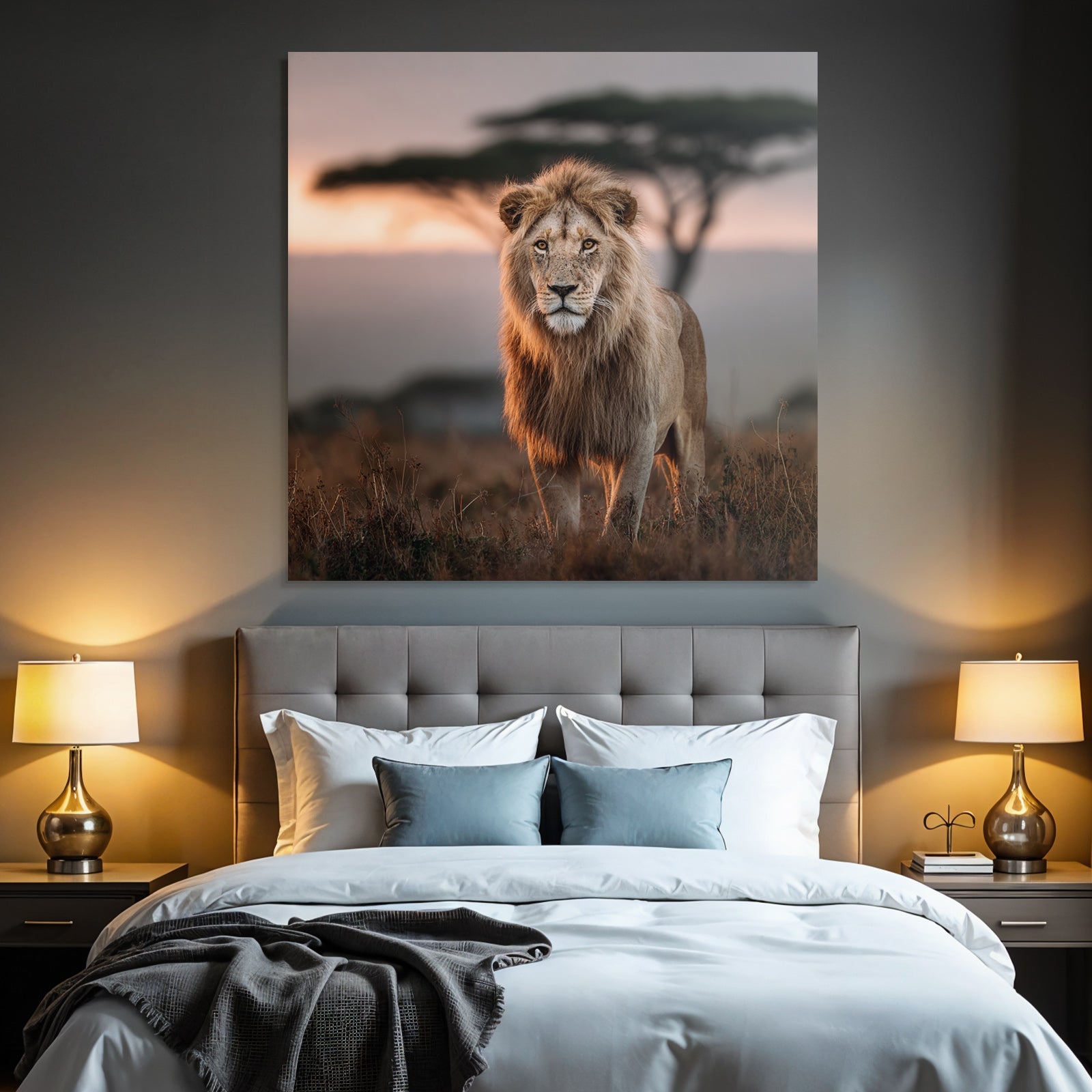 Lion In Grassy Area With Blurred Background Impressionist Sunset