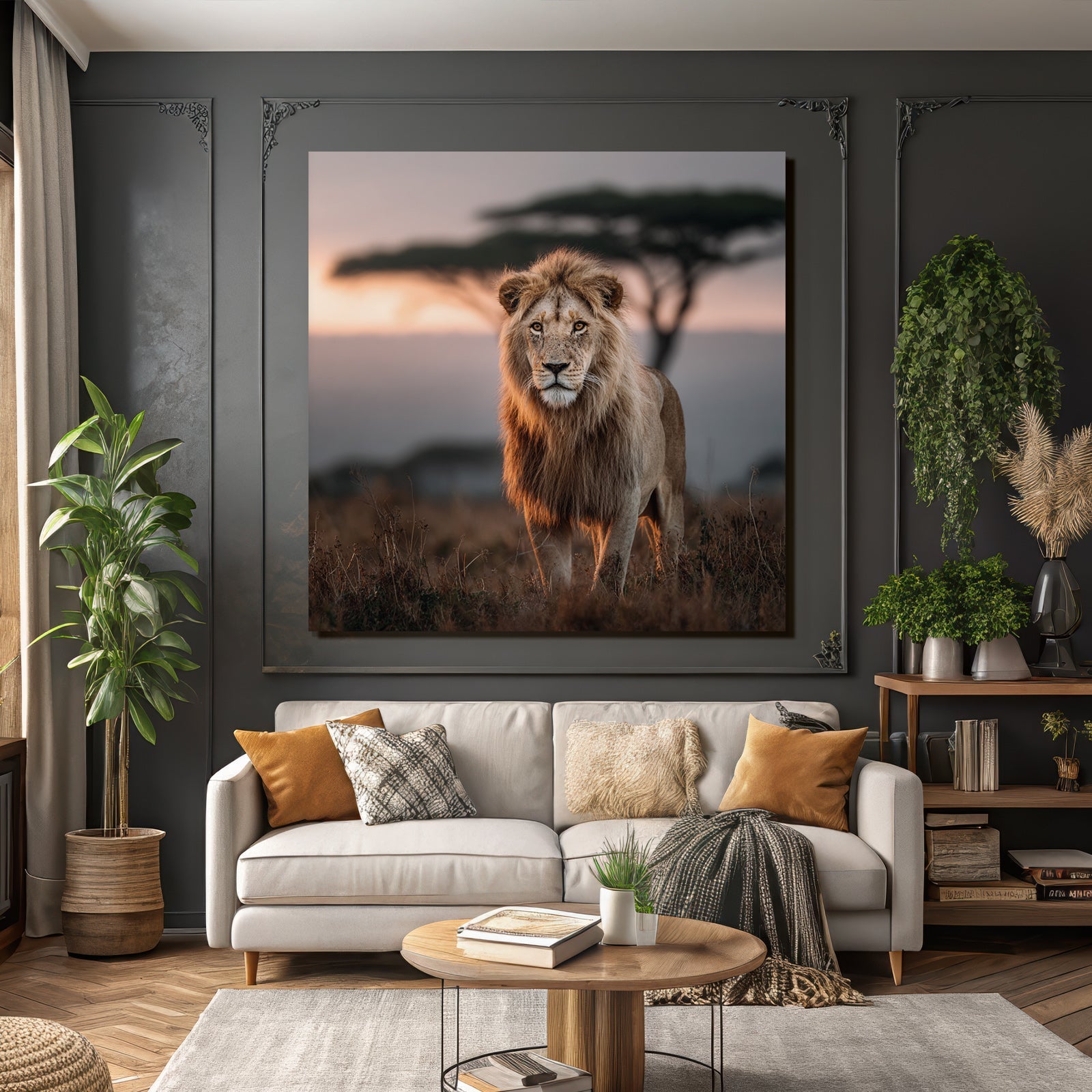Lion In Grassy Area With Blurred Background Impressionist Sunset