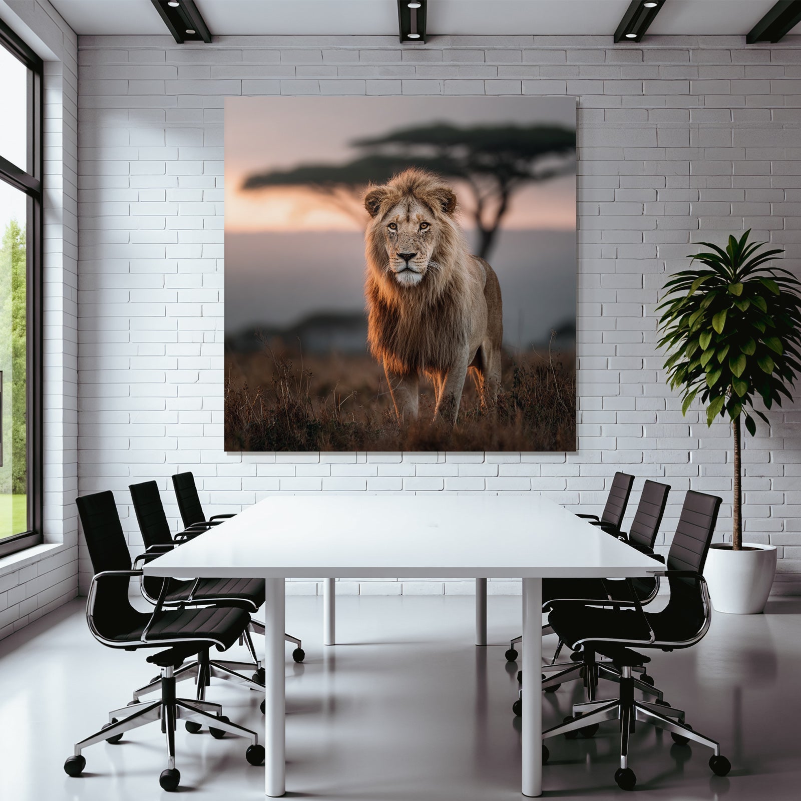 Lion In Grassy Area With Blurred Background Impressionist Sunset