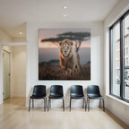 Lion In Grassy Area With Blurred Background Impressionist Sunset