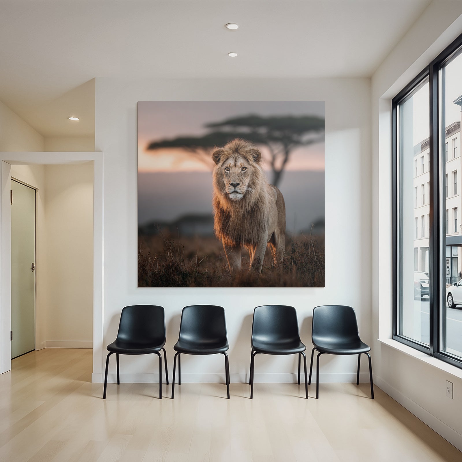 Lion In Grassy Area With Blurred Background Impressionist Sunset