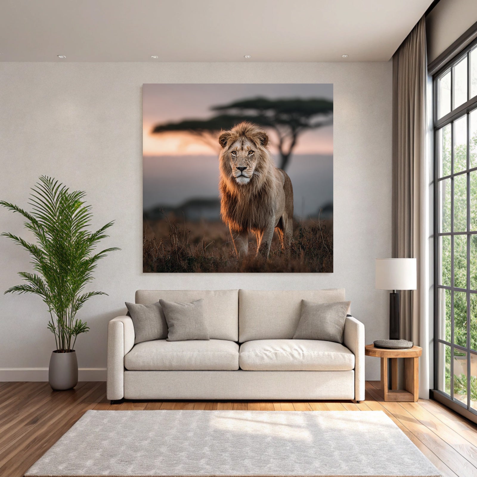 Lion In Grassy Area With Blurred Background Impressionist Sunset