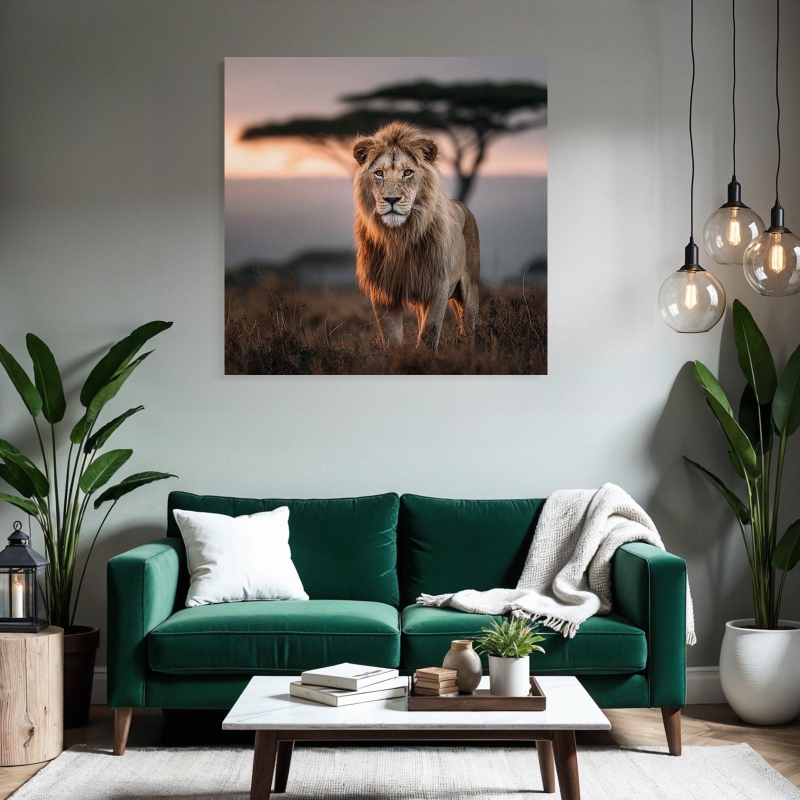 Lion In Grassy Area With Blurred Background Impressionist Sunset