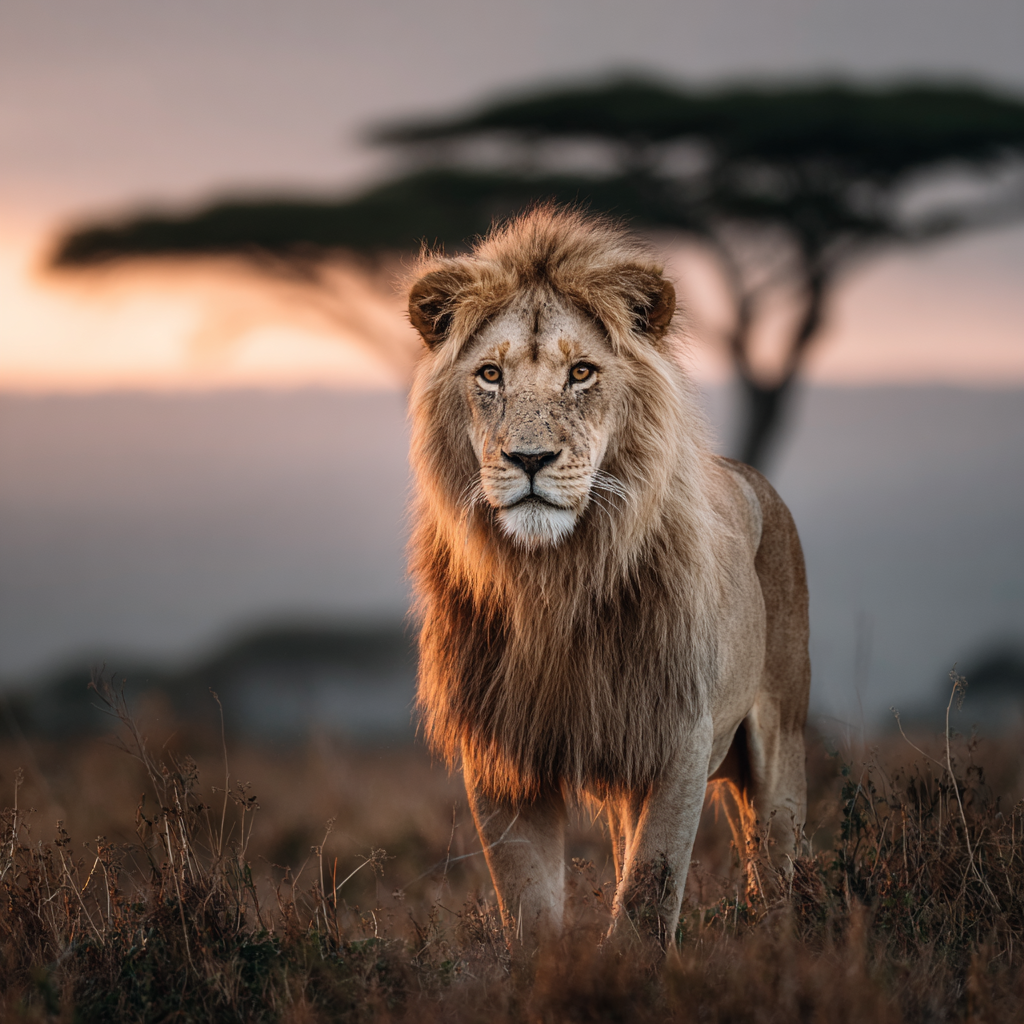 Lion In Grassy Area With Blurred Background Impressionist Sunset | Safari und Wildtiere | Tiere