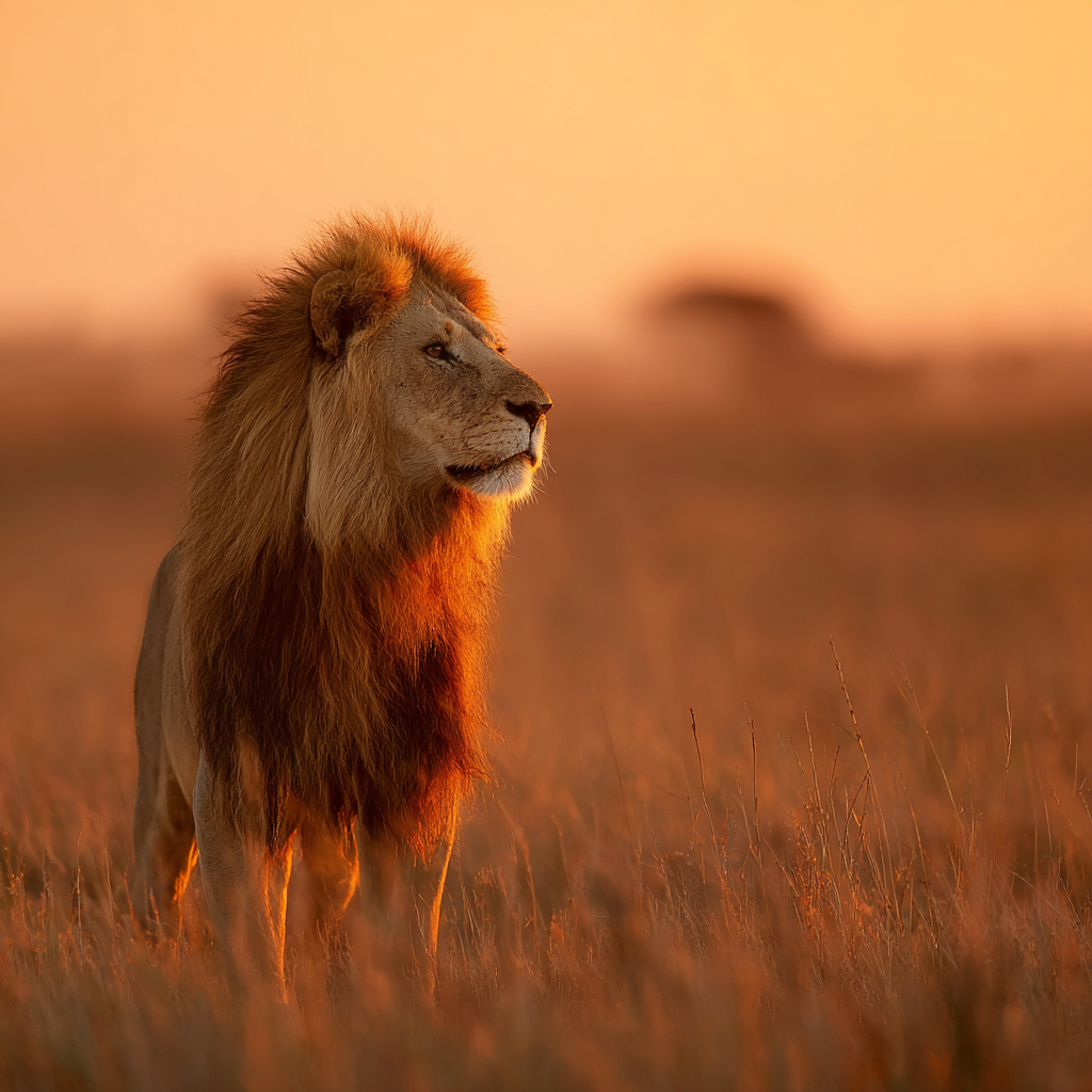 Lion In Grassy Landscape During Sunset 1 | Safari und Wildtiere | Tiere