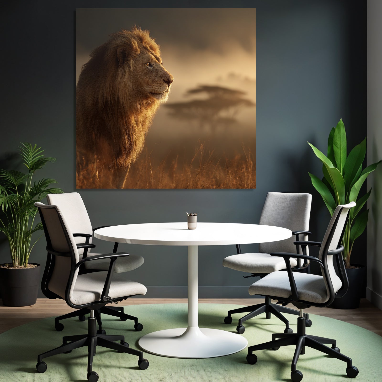 Löwe Im Profil Mit Herrlichem Mane Und Nebliger Landschaft