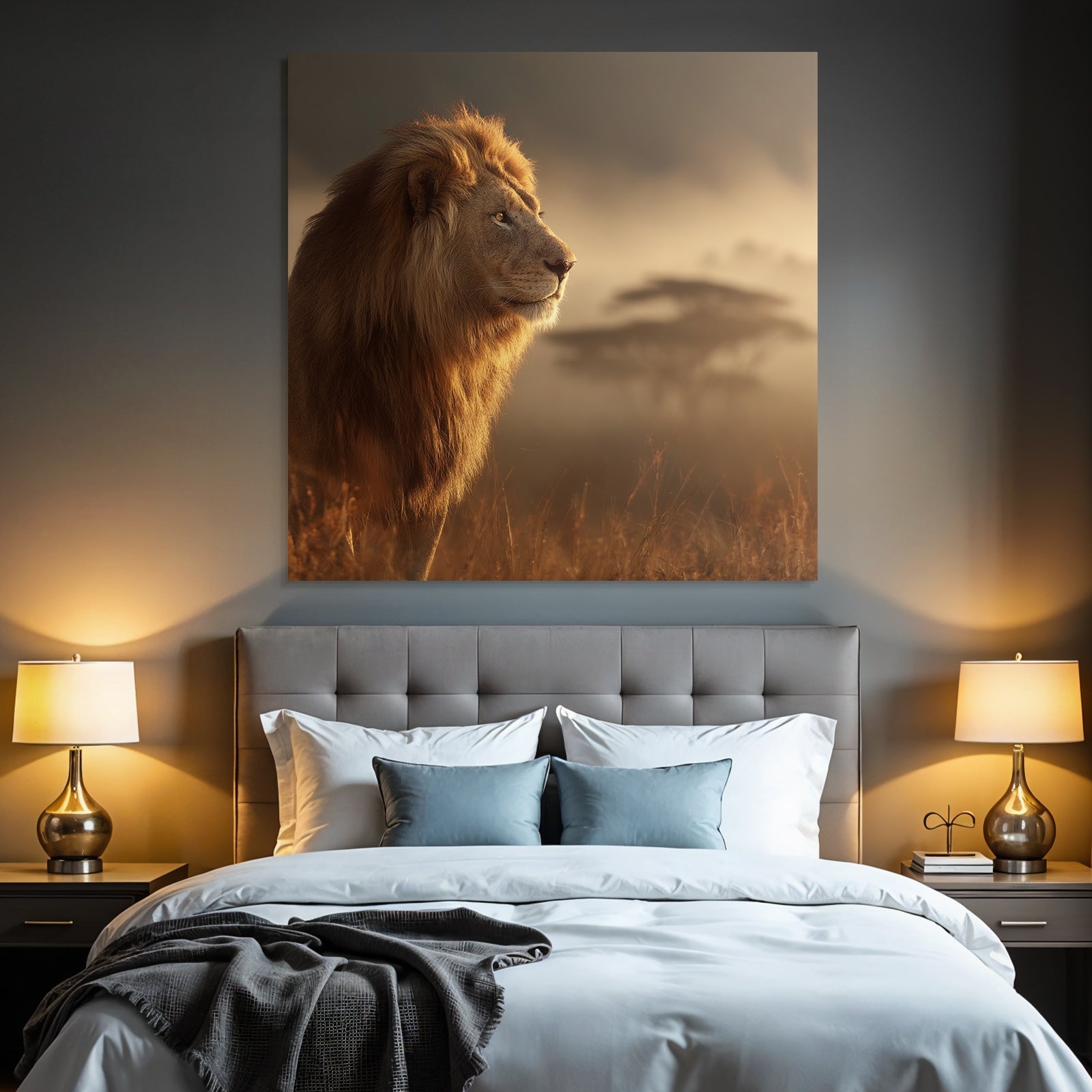 Löwe Im Profil Mit Herrlichem Mane Und Nebliger Landschaft