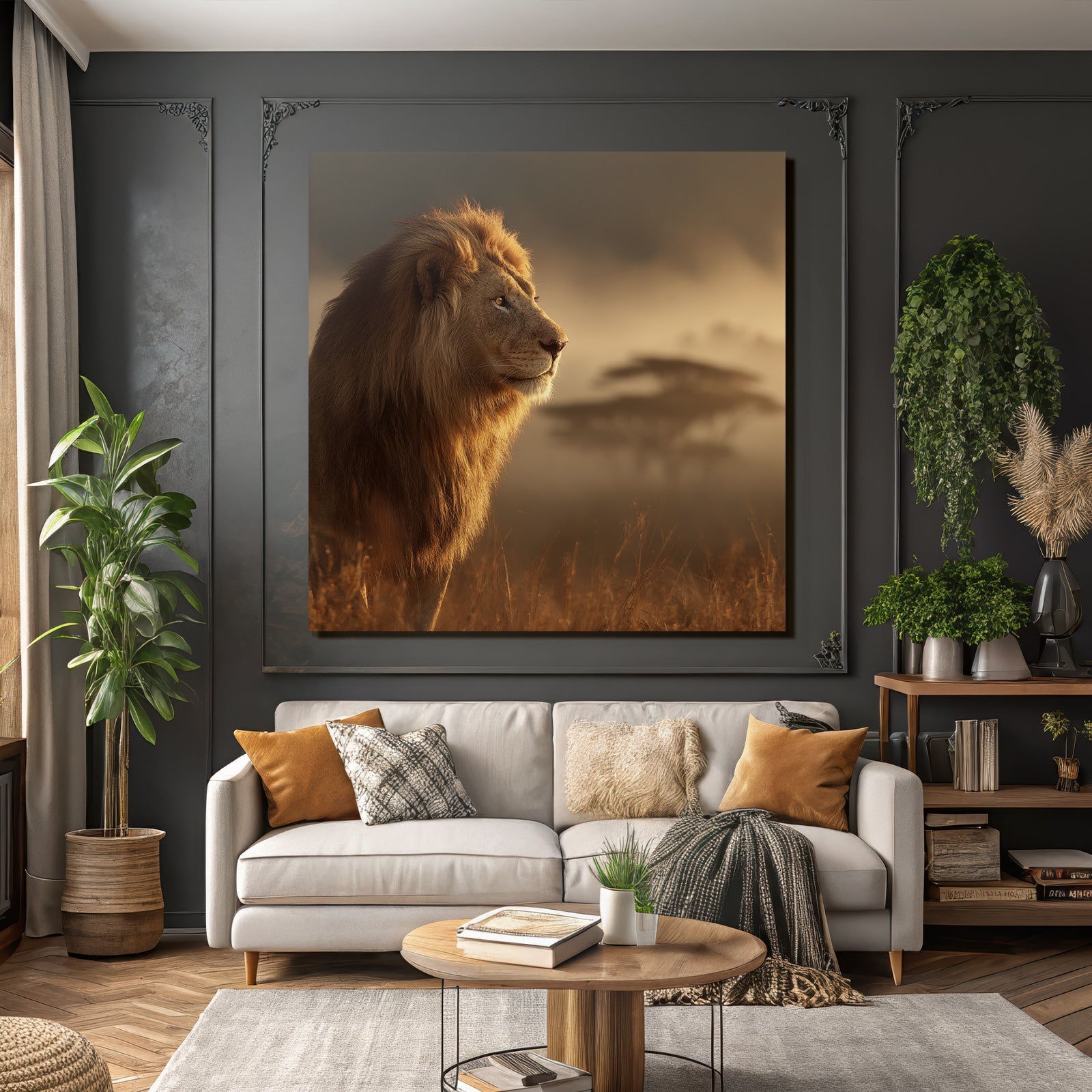 Löwe Im Profil Mit Herrlichem Mane Und Nebliger Landschaft