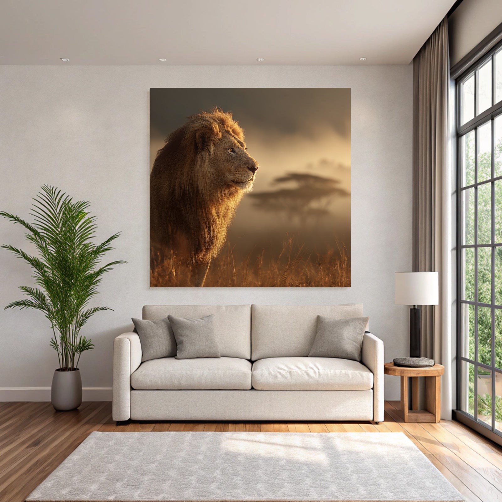 Löwe Im Profil Mit Herrlichem Mane Und Nebliger Landschaft