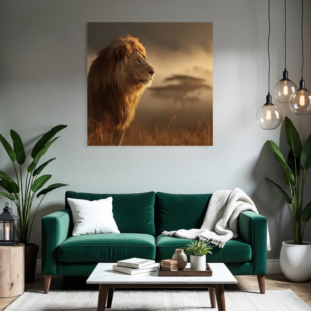 Löwe Im Profil Mit Herrlichem Mane Und Nebliger Landschaft