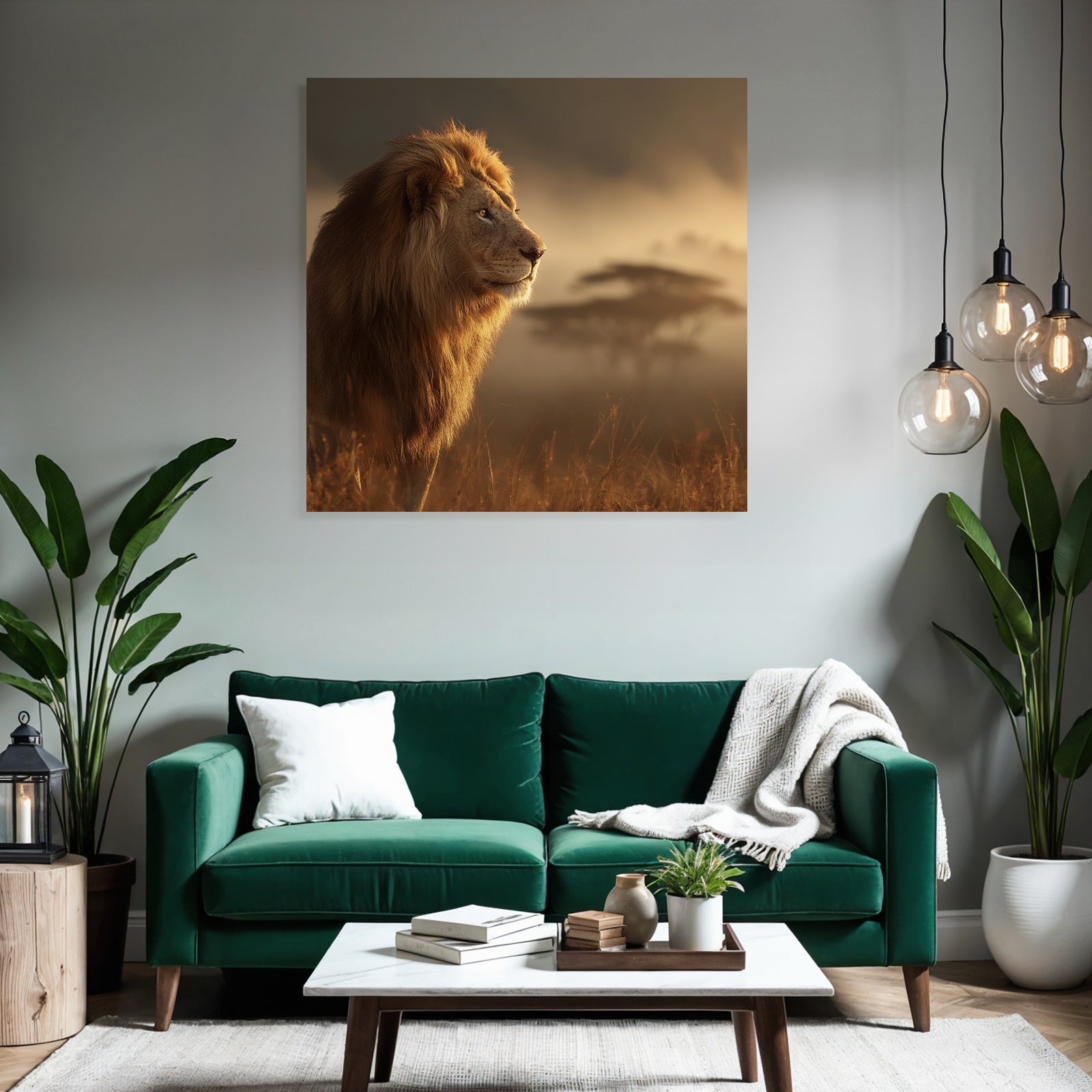 Löwe Im Profil Mit Herrlichem Mane Und Nebliger Landschaft