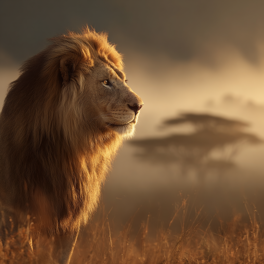 Löwe Im Profil Mit Herrlichem Mane Und Nebliger Landschaft | Safari und Wildtiere | Tiere