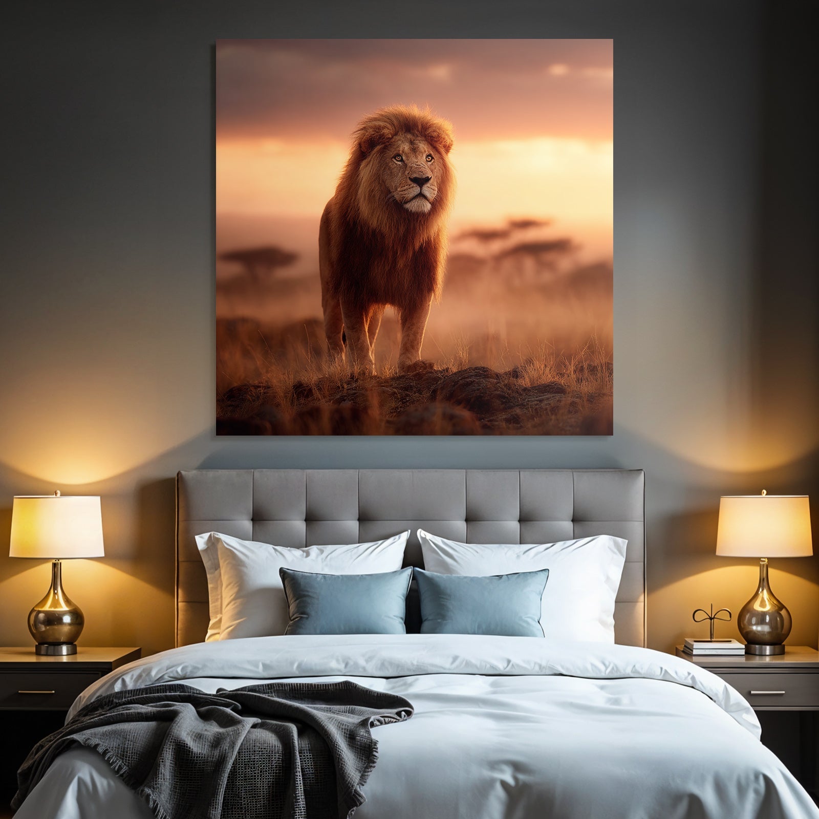 Majestätischer Löwe Bei Sonnenuntergang In Ruhiger Landschaft
