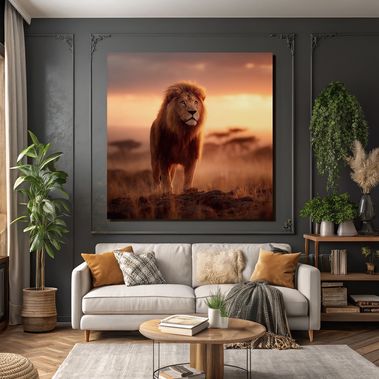 Majestätischer Löwe Bei Sonnenuntergang In Ruhiger Landschaft