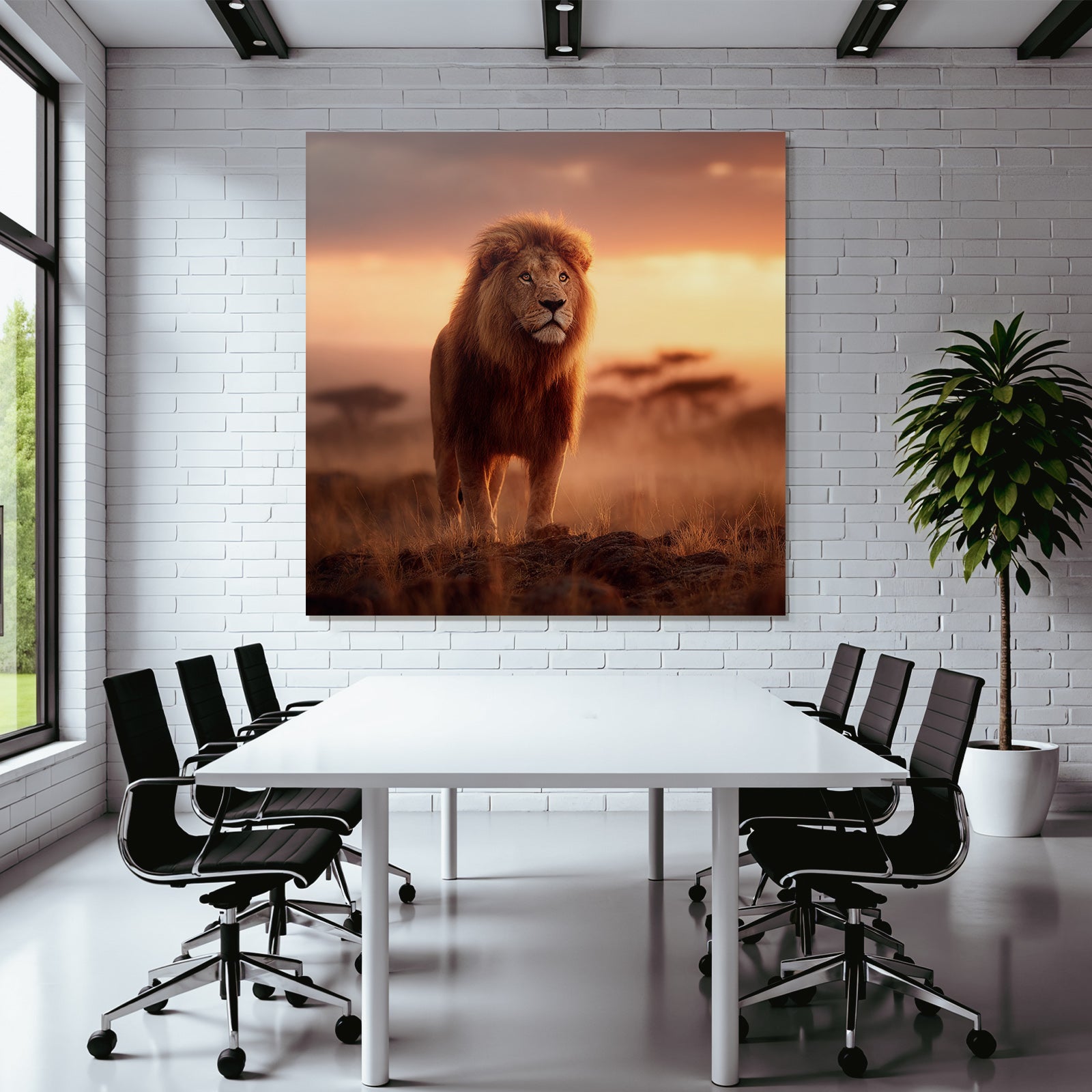 Majestätischer Löwe Bei Sonnenuntergang In Ruhiger Landschaft