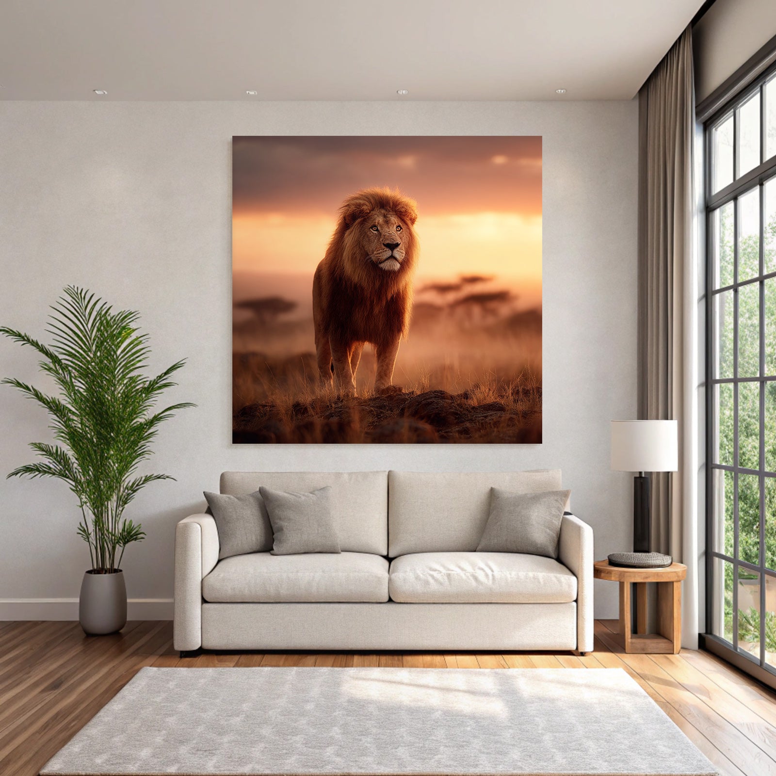 Majestätischer Löwe Bei Sonnenuntergang In Ruhiger Landschaft