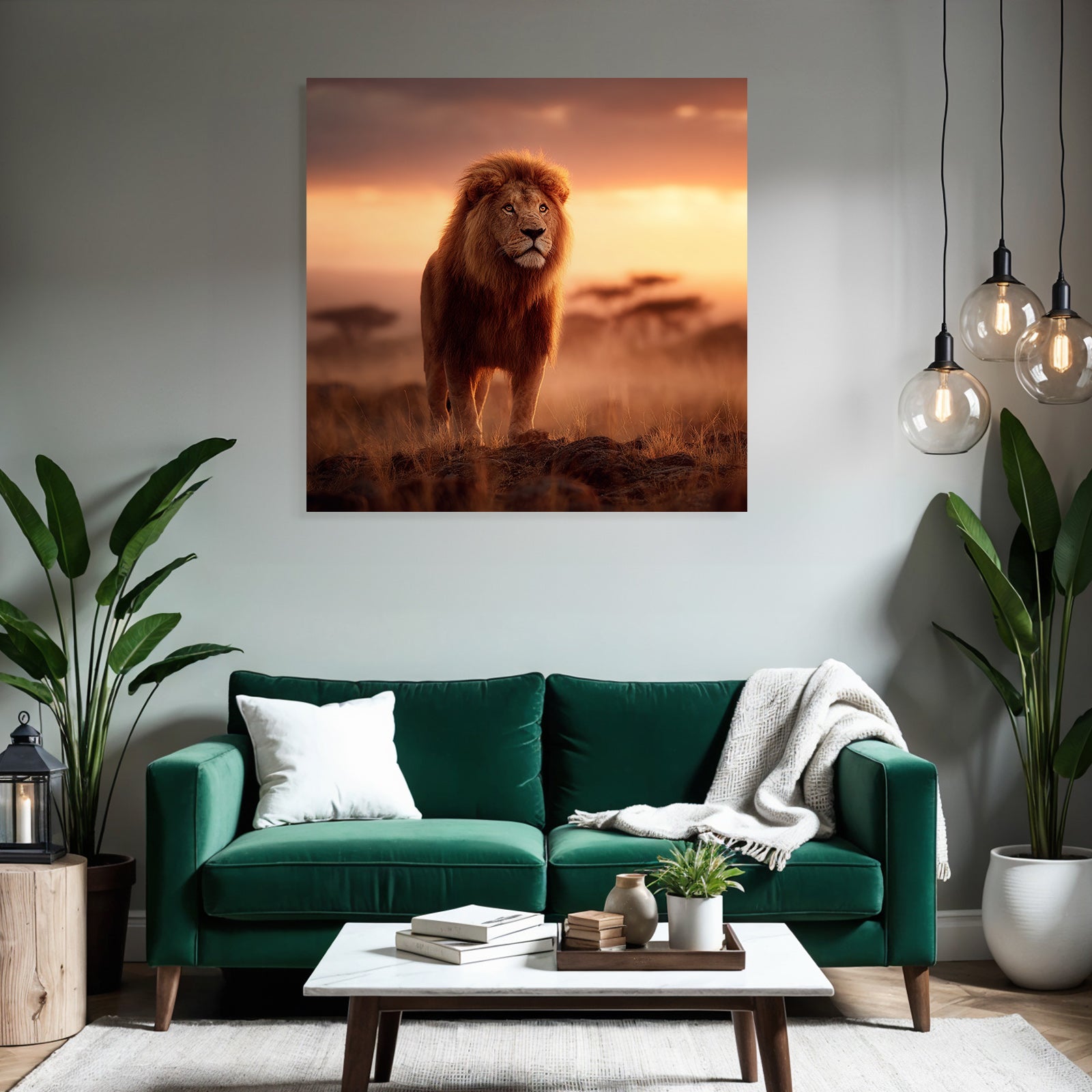 Majestätischer Löwe Bei Sonnenuntergang In Ruhiger Landschaft