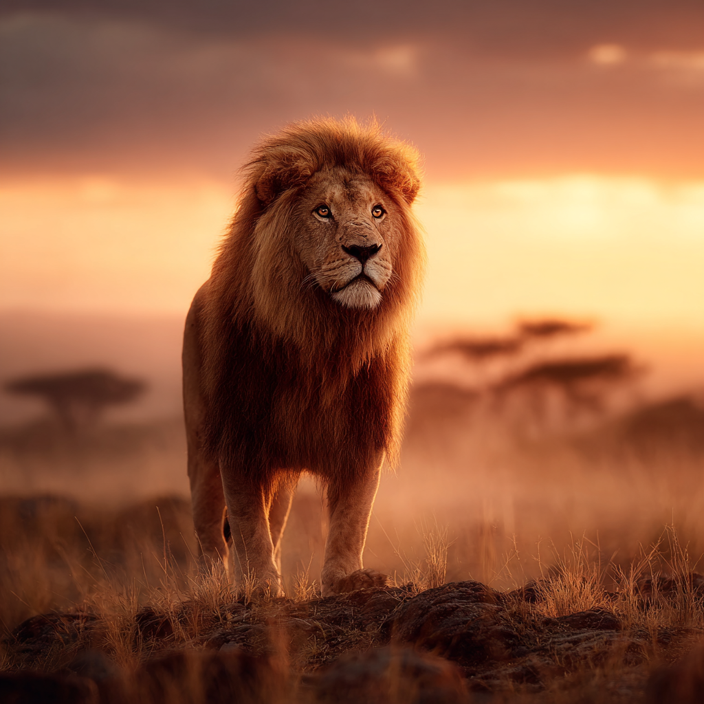 Majestätischer Löwe Bei Sonnenuntergang In Ruhiger Landschaft | Safari und Wildtiere | Tiere