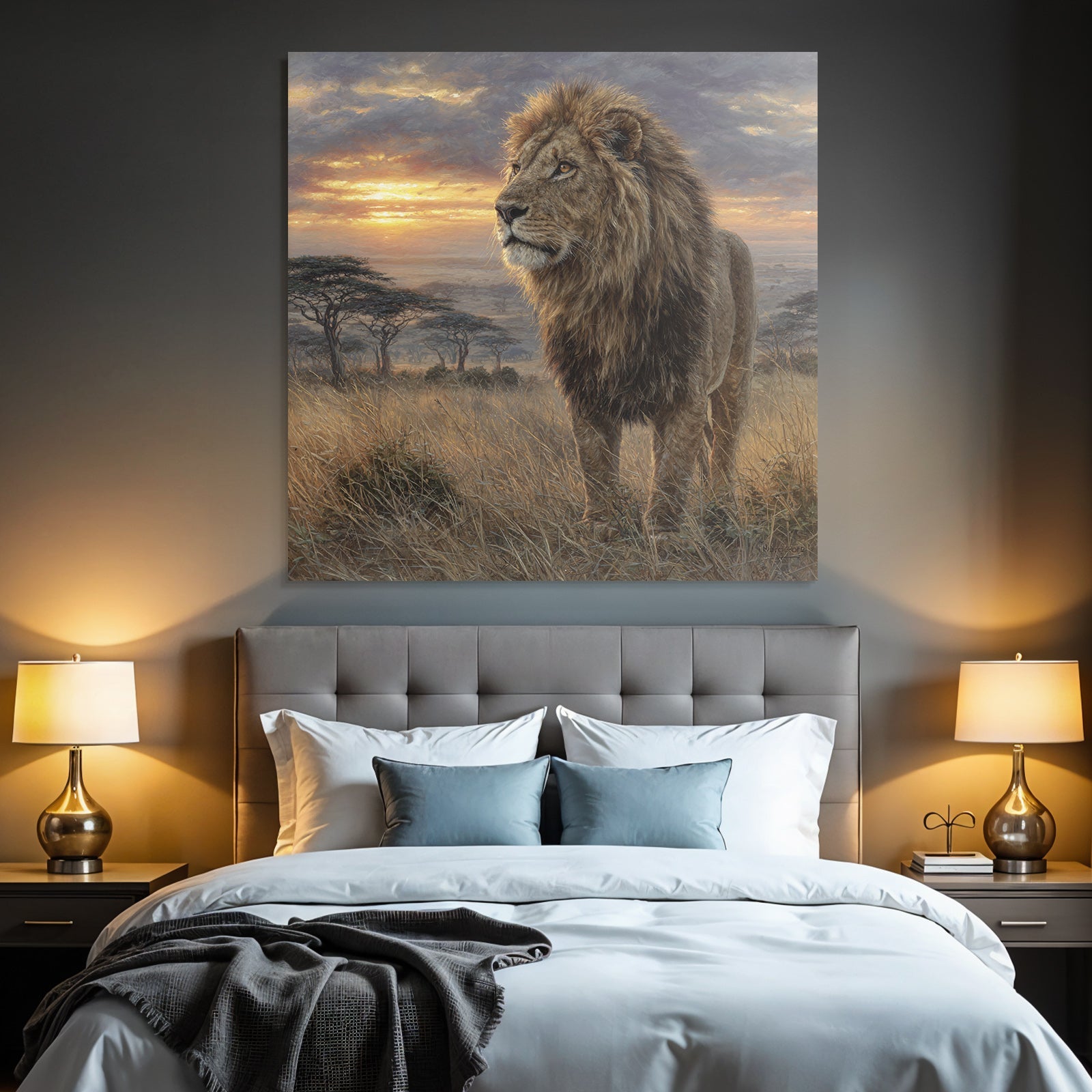 Majestätischer Löwe In Der Graslandschaft Bei Sonnenuntergang