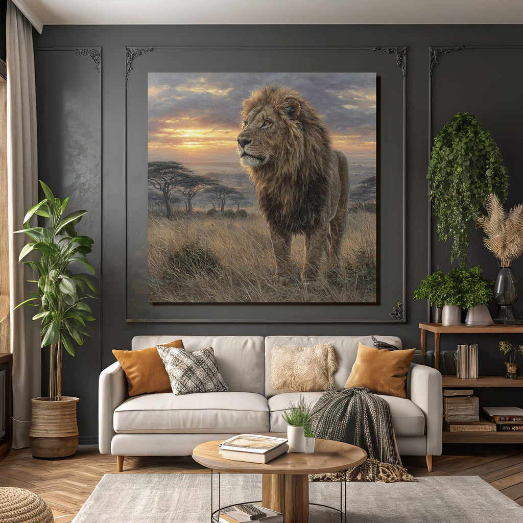 Majestätischer Löwe In Der Graslandschaft Bei Sonnenuntergang