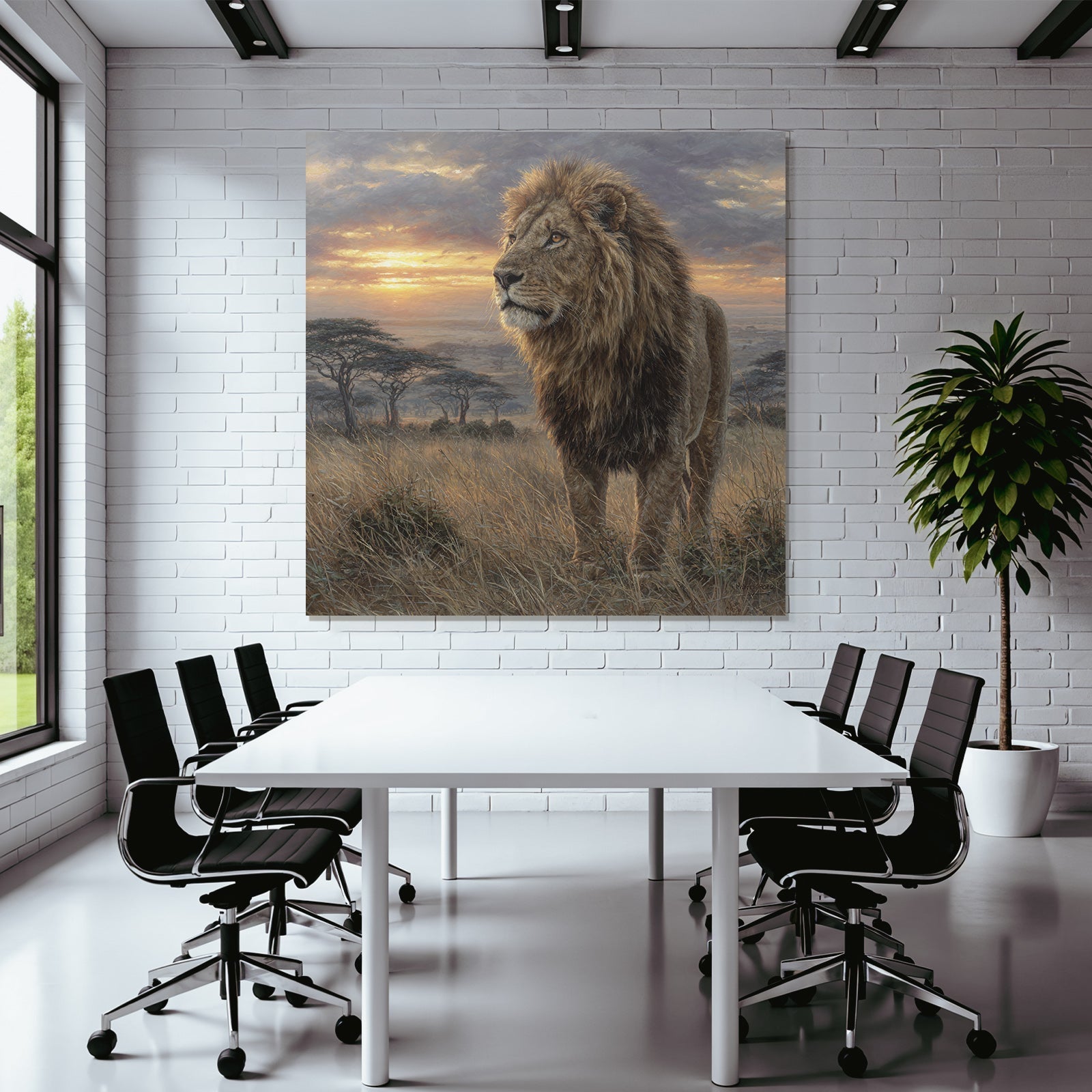 Majestätischer Löwe In Der Graslandschaft Bei Sonnenuntergang