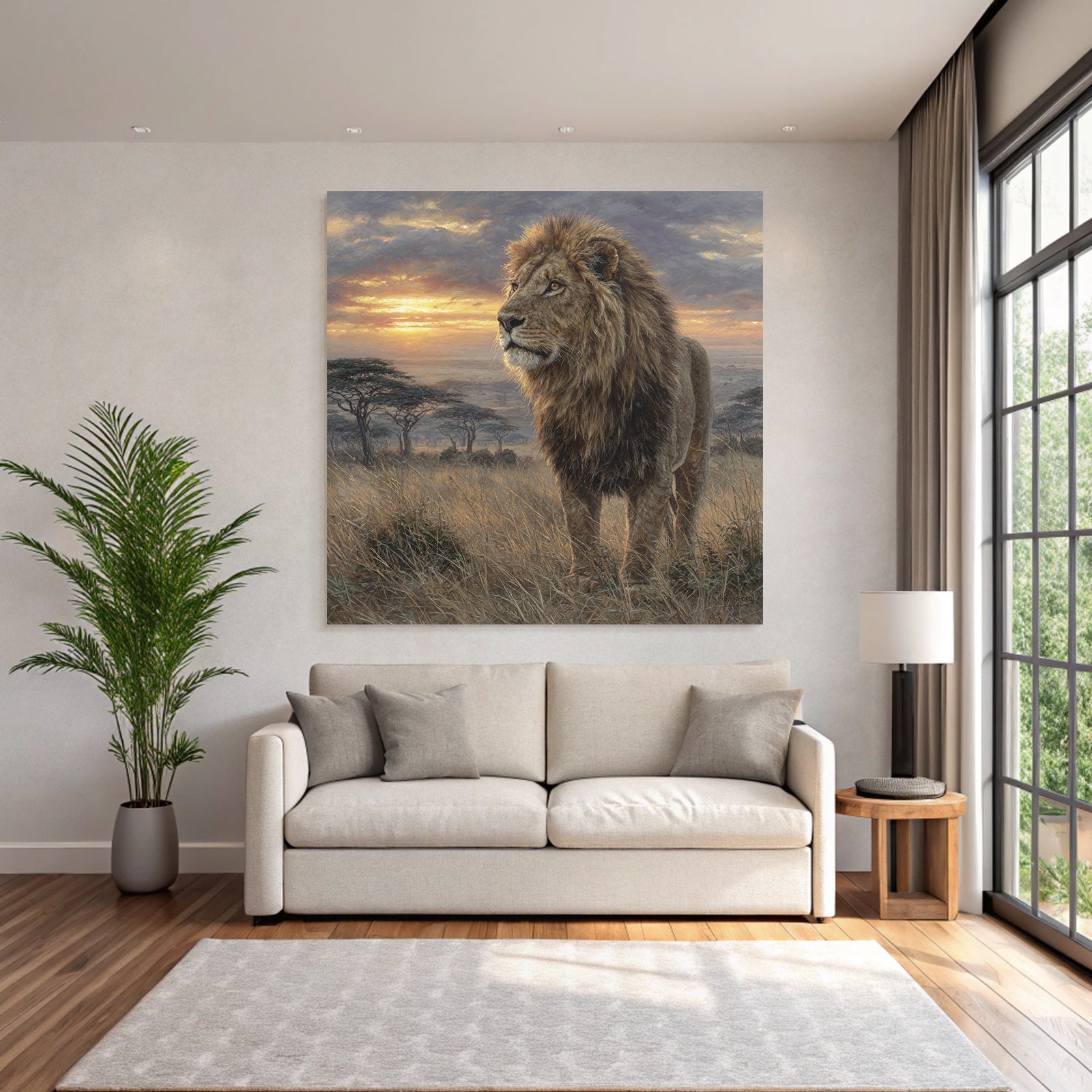 Majestätischer Löwe In Der Graslandschaft Bei Sonnenuntergang