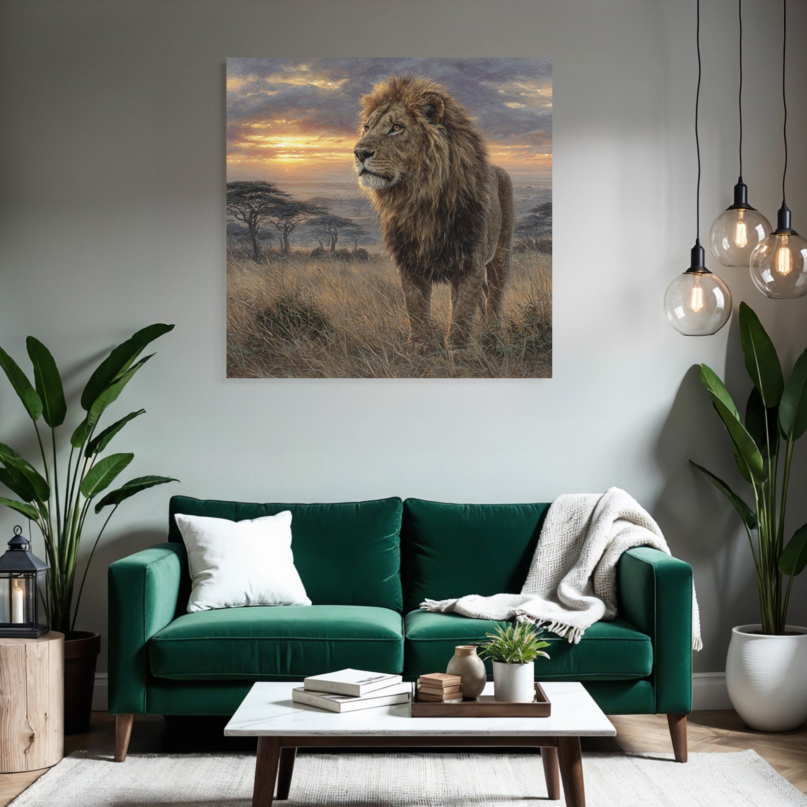 Majestätischer Löwe In Der Graslandschaft Bei Sonnenuntergang