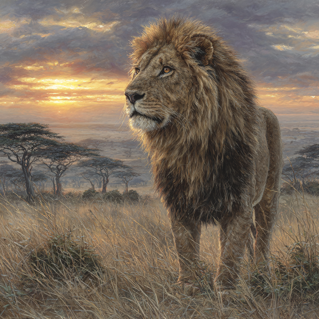 Majestätischer Löwe In Der Graslandschaft Bei Sonnenuntergang | Safari und Wildtiere | Tiere