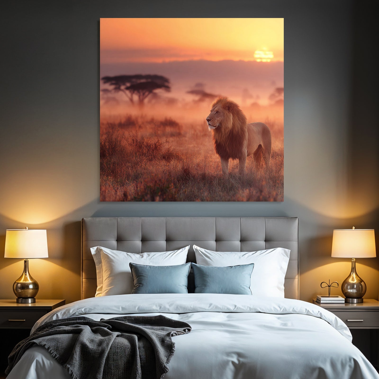 Majestätischer Löwe Stehend Im Grasigen Landscape Bei Sunset