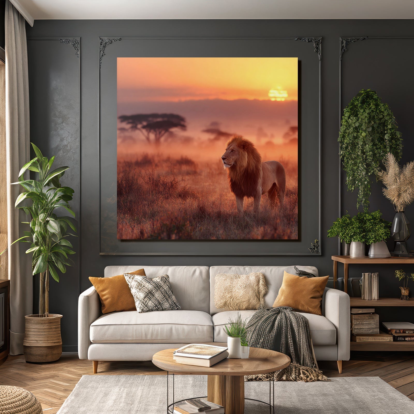 Majestätischer Löwe Stehend Im Grasigen Landscape Bei Sunset