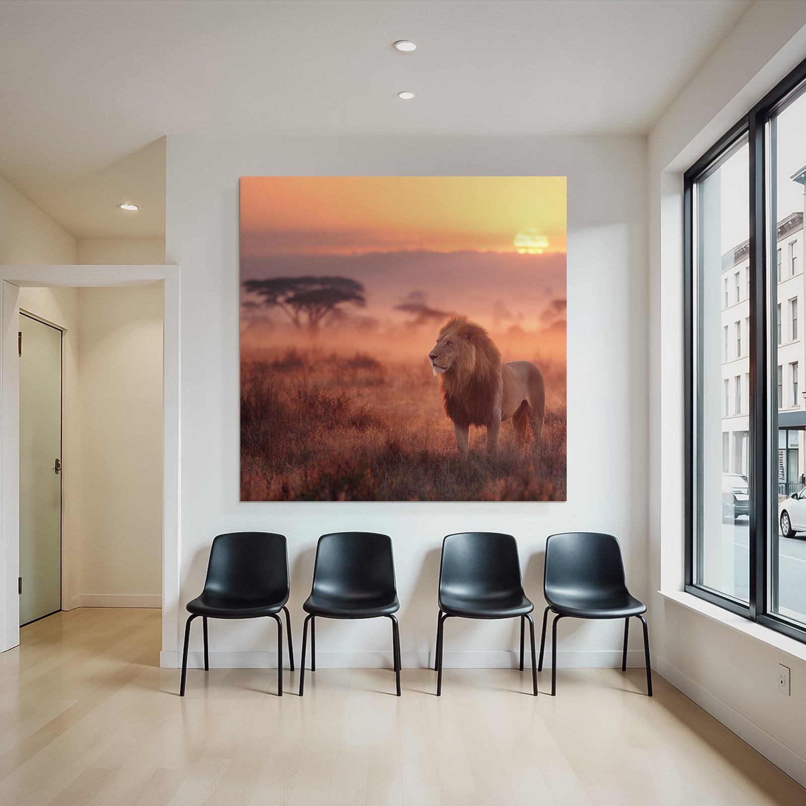 Majestätischer Löwe Stehend Im Grasigen Landscape Bei Sunset
