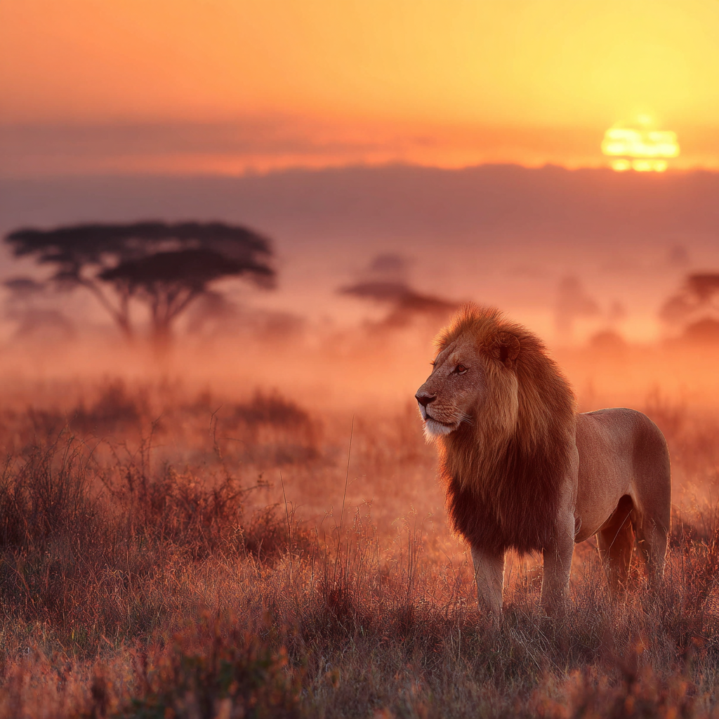 Majestätischer Löwe Stehend Im Grasigen Landscape Bei Sunset | Safari und Wildtiere | Tiere