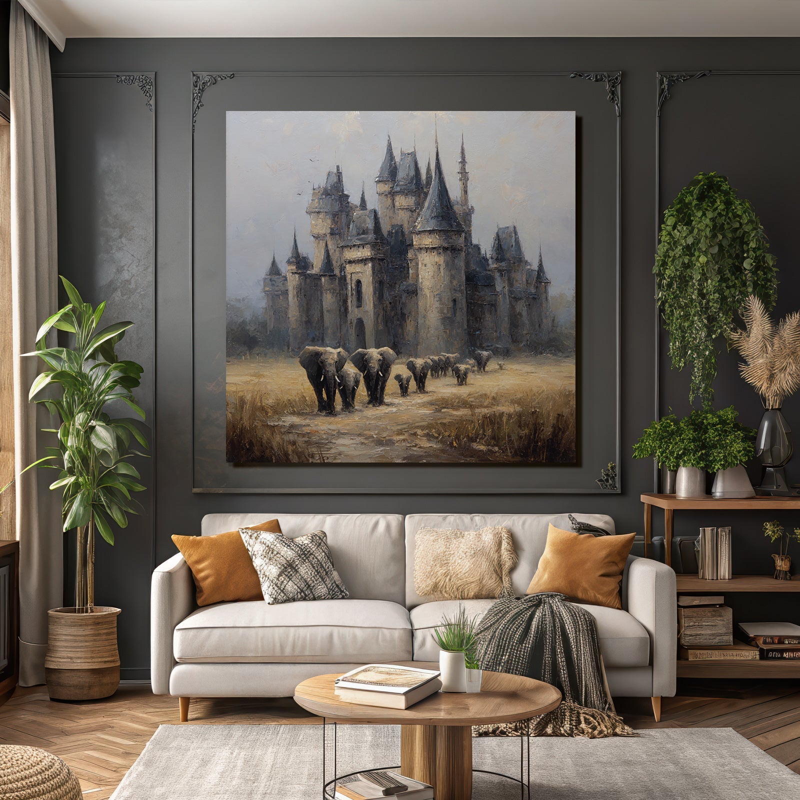 Majestätisches Schloss Mit Elefanten Impressionistische Malerei