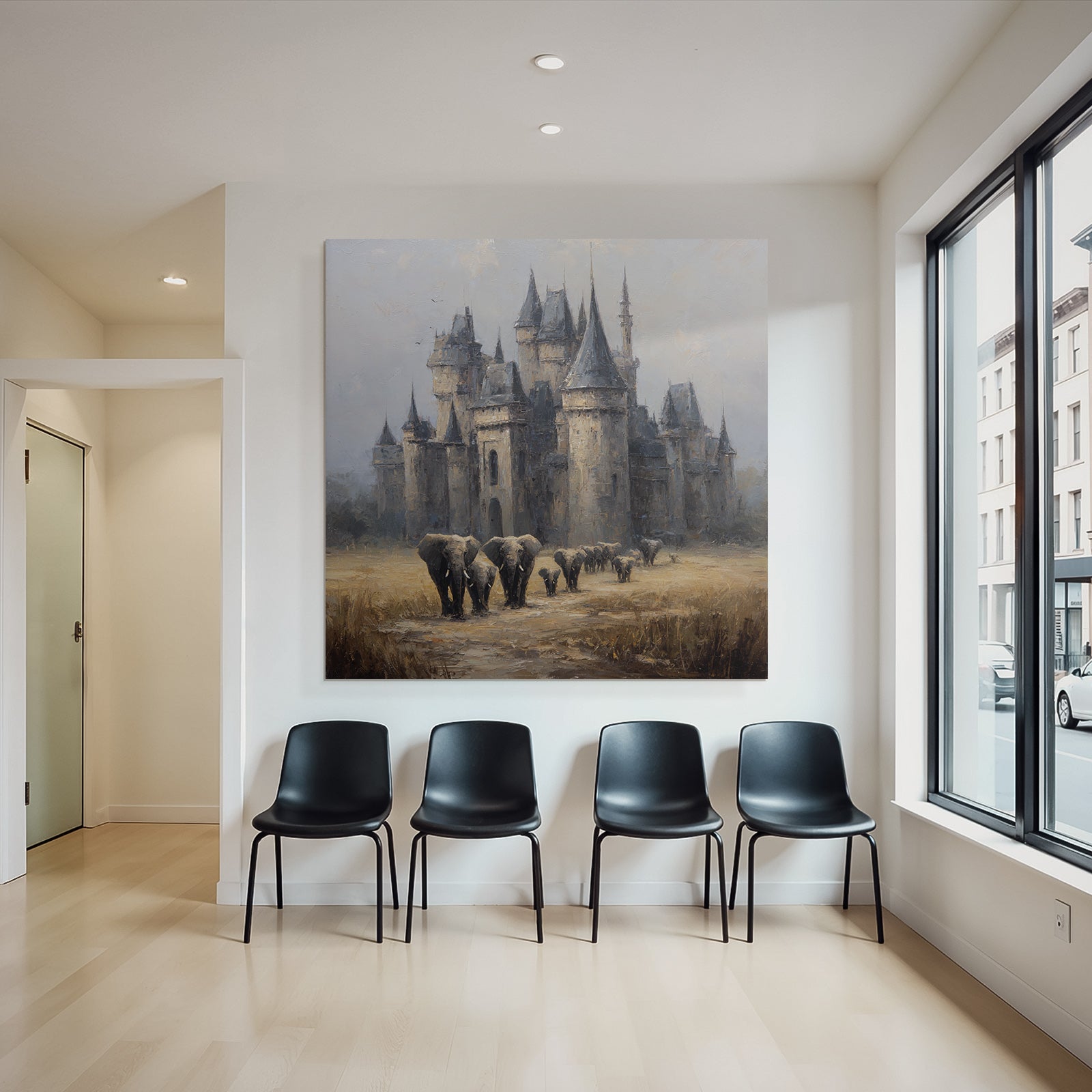 Majestätisches Schloss Mit Elefanten Impressionistische Malerei