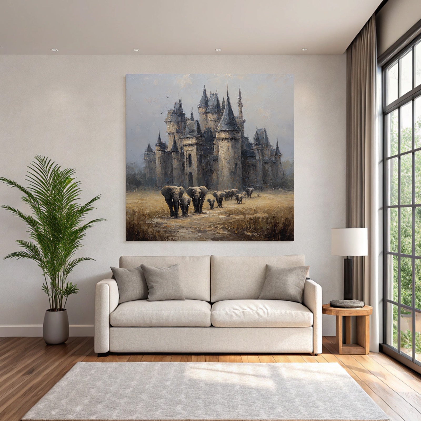 Majestätisches Schloss Mit Elefanten Impressionistische Malerei